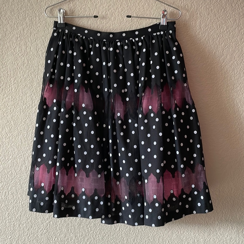 Anthropologie skirt, black w/ white polka dots and pink sheer details, size 6.